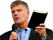 NEW YORK - JUNE 25: Franklin Graham, with Bible in hand, addresses the crowd before his father Billy Graham speaks during his Crusade at Flushing Meadows Corona Park June 25, 2005 in the Queens borough of New York. Flushing Meadows Corona Park is the site for Graham's sermons on June 24-26, which looks to draw thousands of people from across the country, and will purportedly be the aging Christian evangelist's final crusade. (Photo by Stephen Chernin/Getty Images)